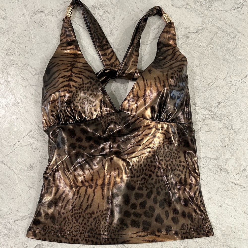 Chic Leopard Print Crop Top Beautiful y2k Vintage Backless 🐆 Gold Metallic Tops